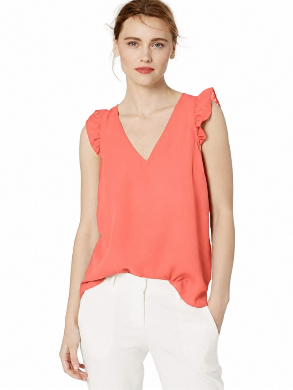 J. Crew Coral Sleeveless Ruffle V Neck Tank Top Women's Size 0 NWOT